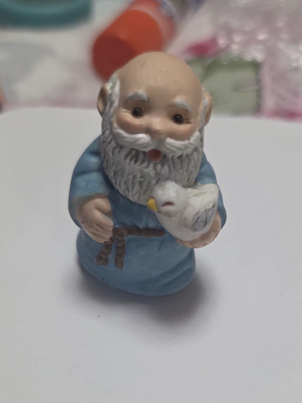 Blue Garden Gnome Figurine Holding Bird - Decorative Small Pet Accent